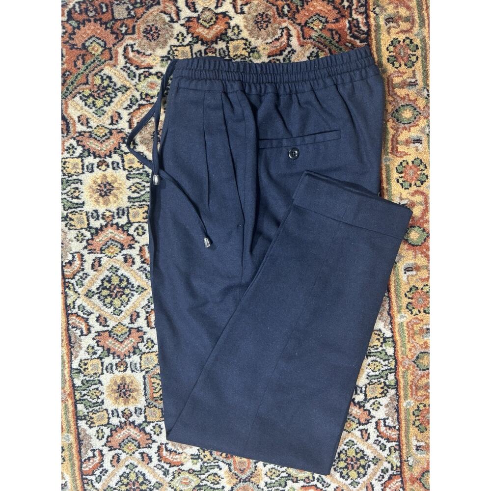 Rubinacci Napoli Navy Blue Stretch Waist Wool Trousers Drawstring 30x29 Flannel